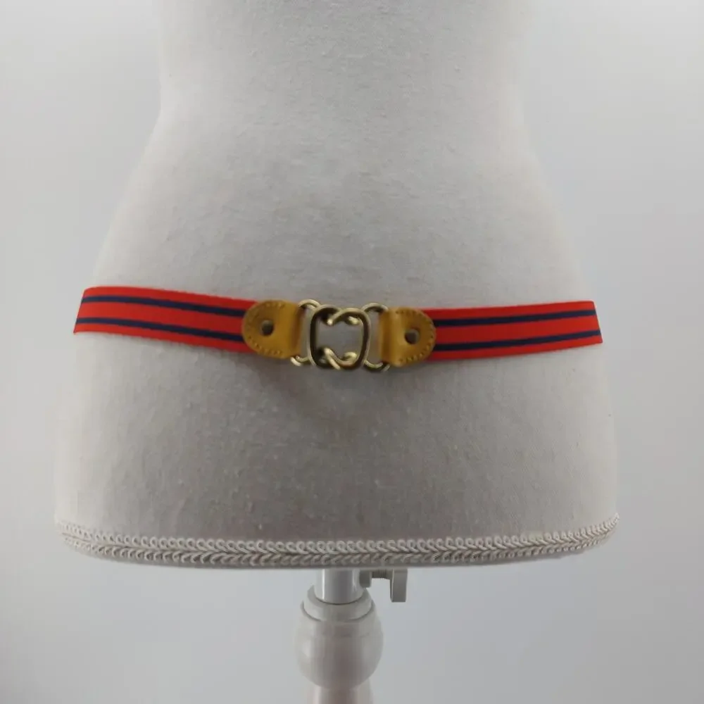 Women's Vintage Red Navy Blue Striped Skinny Cinch Belt OS